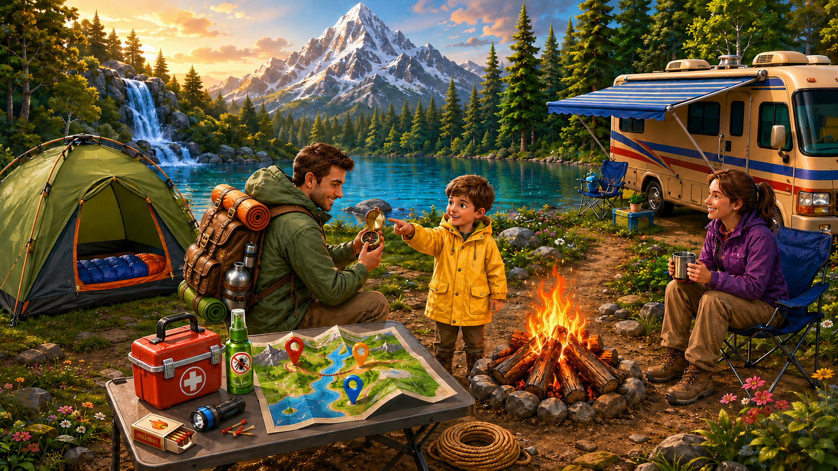 Camping scene with a tent, lake, waterfall, mountain, motorhome, campfire and camping objects